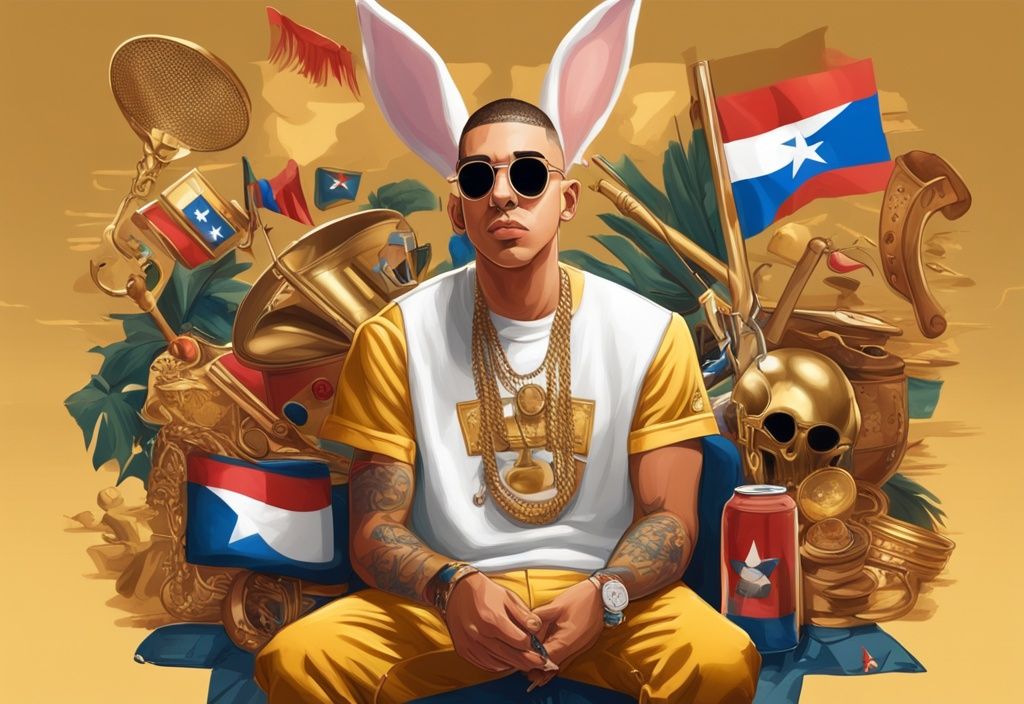 Illustrazione digitale moderna con Bad Bunny circondato da bandiera portoricana, strumenti musicali tradizionali e punti di riferimento iconici, tema colore dorato.