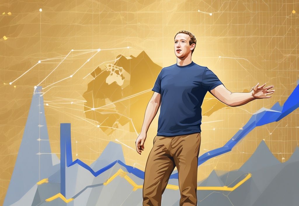 Illustrazione digitale moderna di Mark Zuckerberg con tema dorato, grafico della sua crescente ricchezza netta e icone di Facebook integrate.