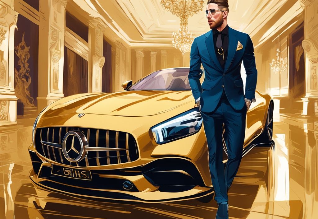 Sergio Ramos patrimonio in un'illustrazione digitale moderna con tema dorato, circondato da lusso con auto sportiva costosa, villa di lusso e abbigliamento di design.