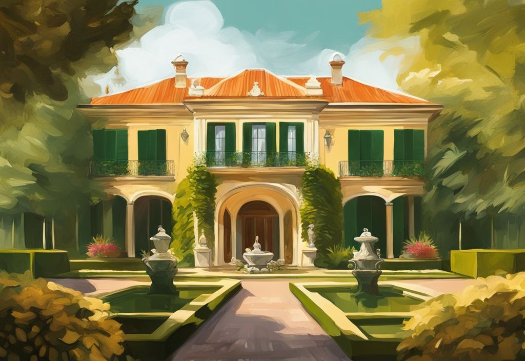 Illustrazione digitale moderna del lussuoso tenuta María Teresa Campos con giardini verdi e architettura sontuosa, tema colore oro.