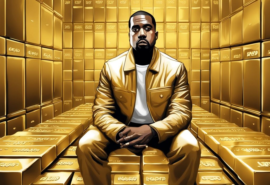 Illustrazione digitale moderna di Kanye West con sfondo di lingotti d'oro, tema principale oro, simbolo del suo notevole patrimonio netto.