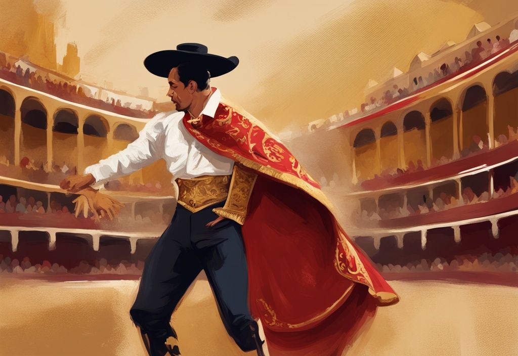 Illustrazione digitale moderna con tema oro, scena vintage di un torero in abito classico spagnolo durante una faena con un toro, omaggio alla leggenda della corrida Finito de Córdoba patrimonio.