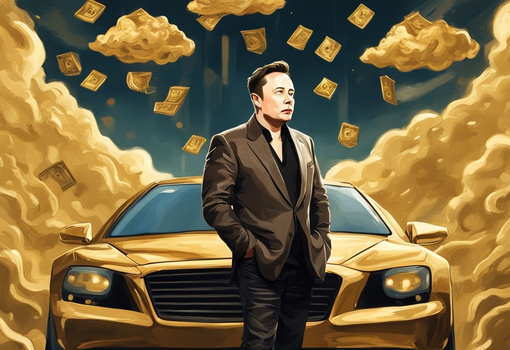 Illustrazione digitale moderna di Elon Musk con tema dorato, circondato da simboli di ricchezza come nuvole a forma di dollaro, auto di lusso e ville sontuose, rappresentando Elon Musk patrimonio.