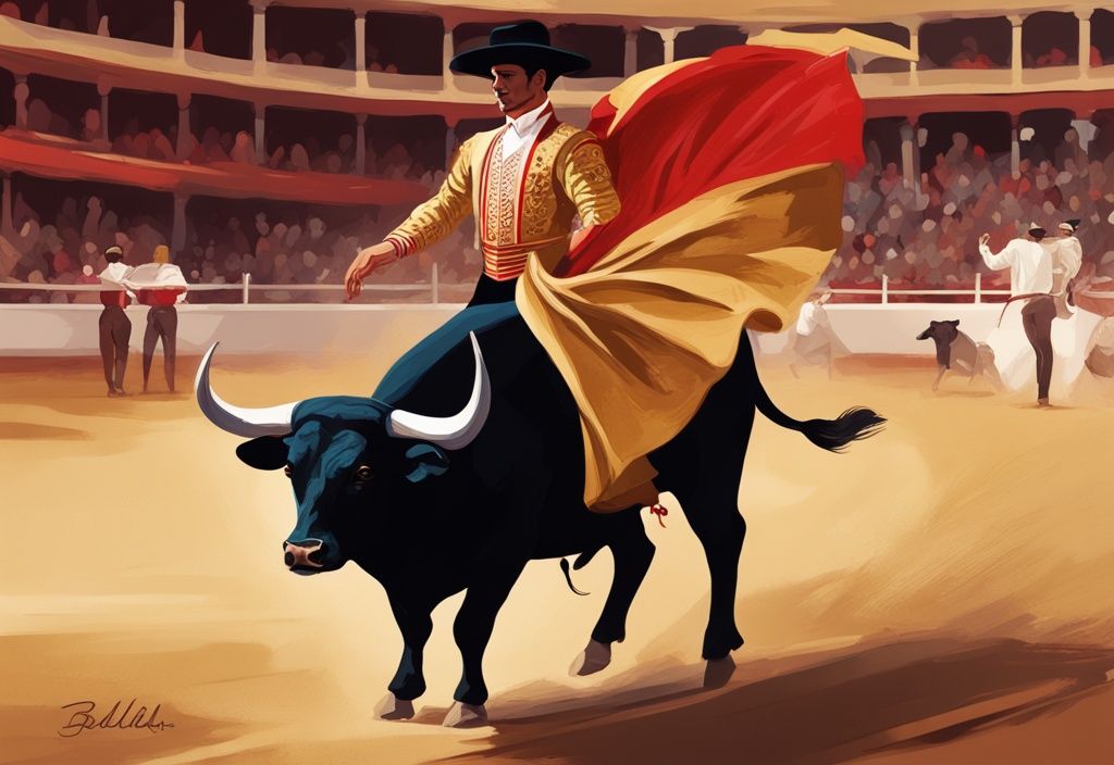 Illustrazione digitale moderna con tema dorato: torero in abbigliamento classico spagnolo esegue una faena con il toro, omaggio alla leggenda della corrida, Finito de Córdoba patrimonio.