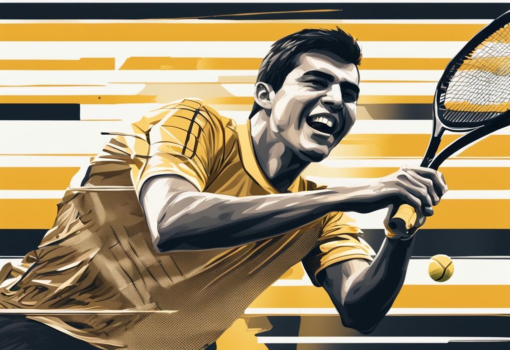 Carlos Alcaraz trionfante con racchetta da tennis davanti a un grafico a barre che mostra la sua crescente ricchezza netta, illustrazione digitale moderna in tema oro