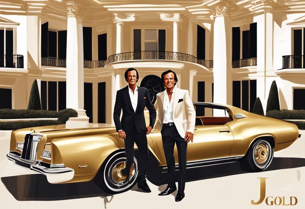 Illustrazione digitale moderna di Julio Iglesias davanti a un lussuoso palazzo, auto di lusso e un disco d'oro, rappresentando il suo successo e patrimonio netto.