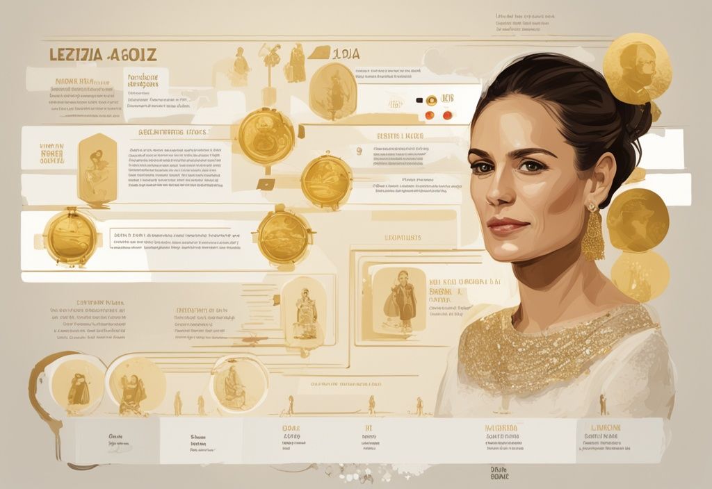 Infografica cronologica della vita, realizzazioni e lignaggio spagnolo di Letizia Ortiz, tema colore oro, Letizia Ortiz patrimonio