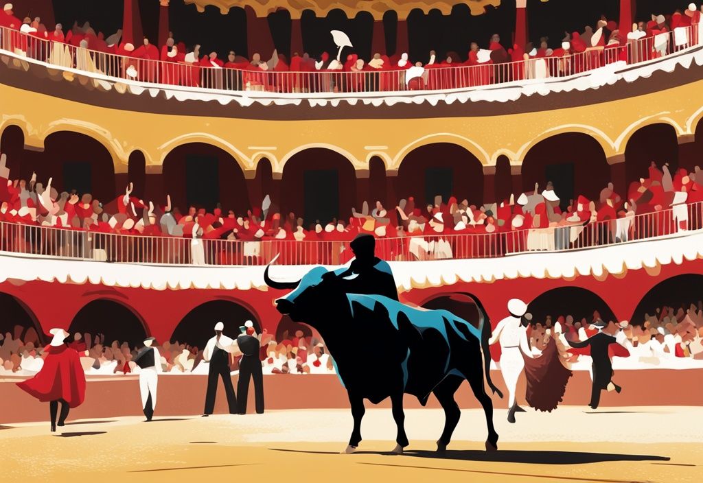 Illustrazione digitale moderna di una scena di corrida con Finito de Córdoba e un mantello rosso in una plaza spagnola, tema colore oro.