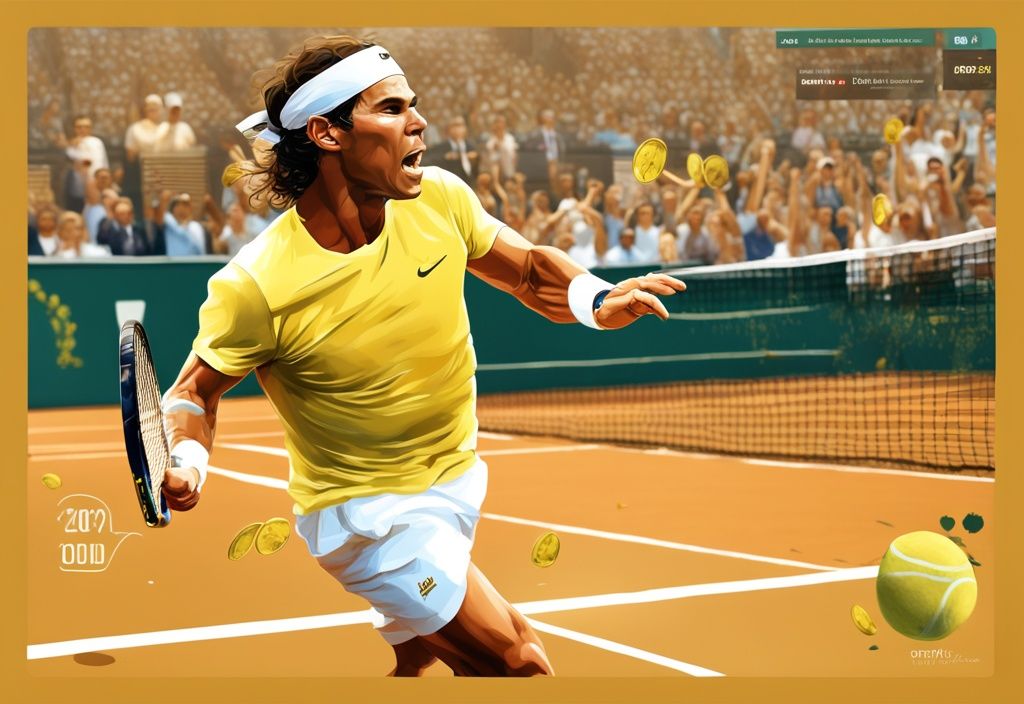 Illustrazione digitale moderna di Rafa Nadal in azione sul campo da tennis con tema dorato, infografica sul suo patrimonio netto stimato con pile di denaro e statistiche