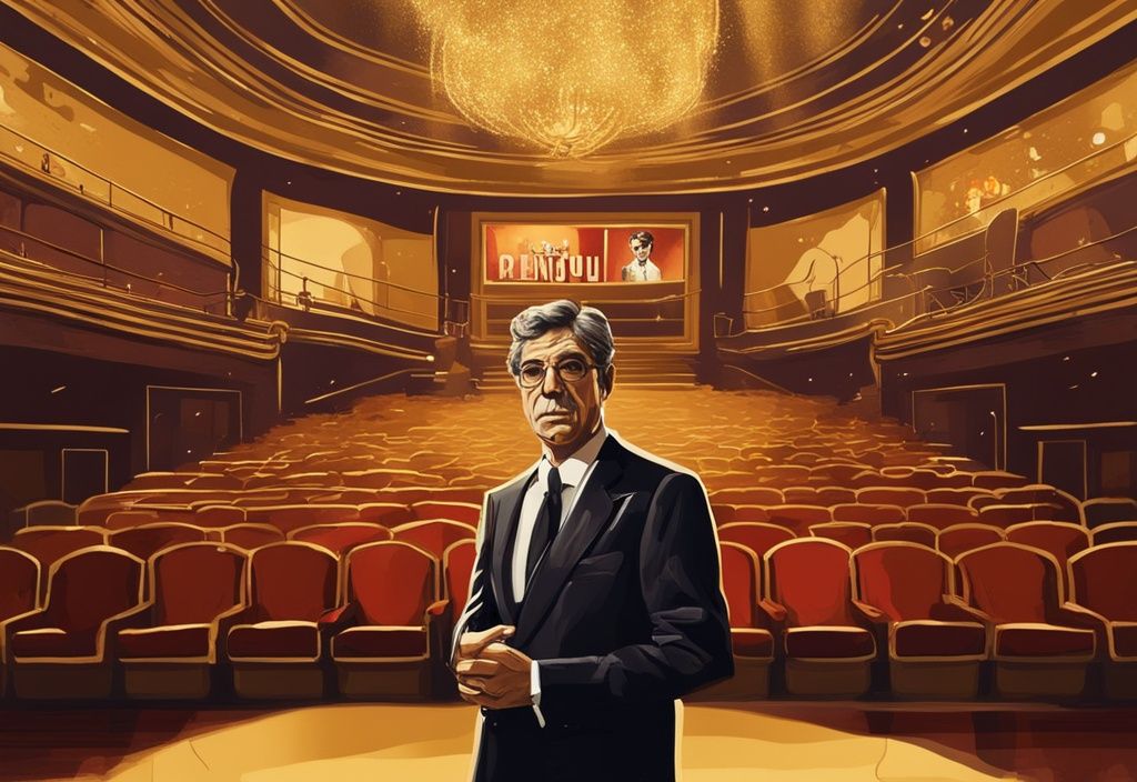 Illustrazione digitale moderna di Enrique Cerezo in una grande sala cinematografica, circondato da memorabilia iconici del cinema, tema principale oro.