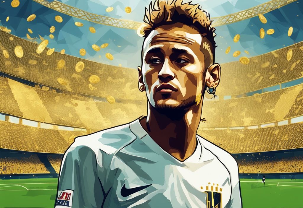 Neymar su un campo da calcio con una rete piena di monete d'oro e banconote sullo sfondo, illustrazione digitale moderna con tema dorato.