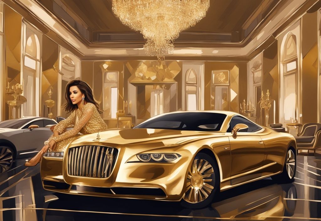 Eva Longoria patrimonio in un'illustrazione digitale moderna con tema dorato, circondata da simboli di ricchezza come auto di lusso, abiti firmati e una grande villa.