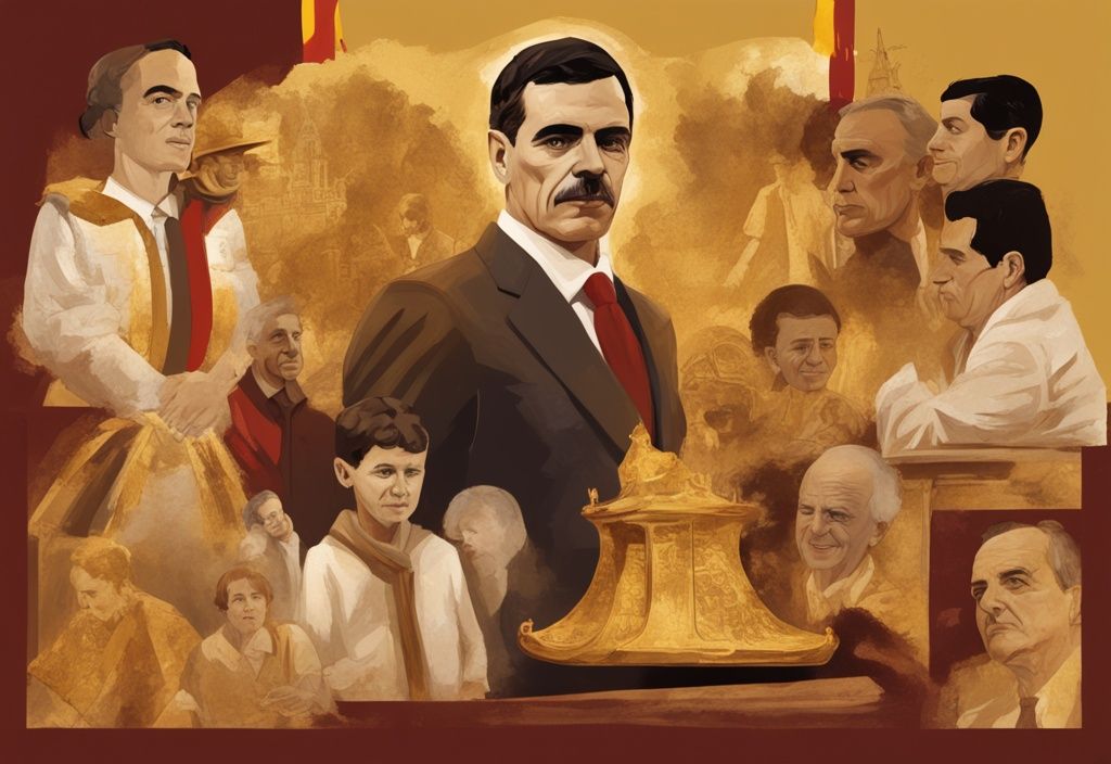 Illustrazione digitale moderna di Pedro Sanchez con tema dorato, che rappresenta il suo percorso di vita, le radici familiari, l'istruzione, la carriera politica e i contributi al patrimonio spagnolo.