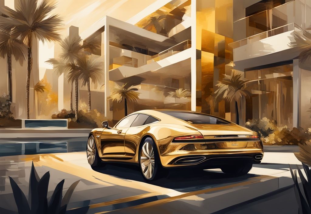 Illustrazione digitale moderna con tema dorato raffigurante proprietà di lusso, automobili esclusive e accessori di alta moda associati a Javier Tebas.