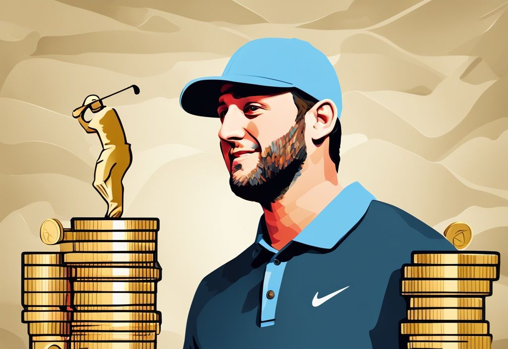 Illustrazione digitale moderna in oro del golfista professionista Jon Rahm con rappresentazione visiva del suo patrimonio netto (Jon Rahm patrimonio) tramite grafico a barre o pila di denaro.