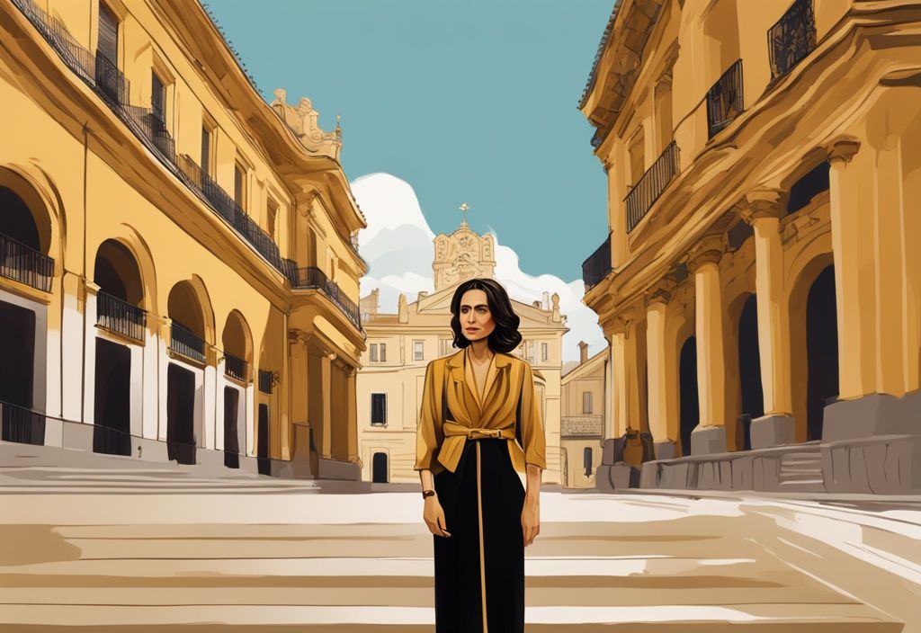 Dolors Montserrat patrimonio, illustrazione digitale moderna con tema dorato, davanti a un edificio storico catalano, simbolo del suo ricco patrimonio culturale.