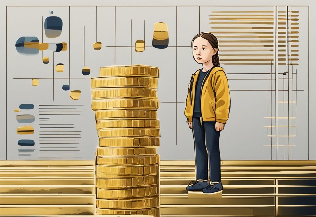 Illustrazione digitale moderna di Greta Thunberg accanto a una rappresentazione simbolica del suo patrimonio netto, con tema principale in oro.