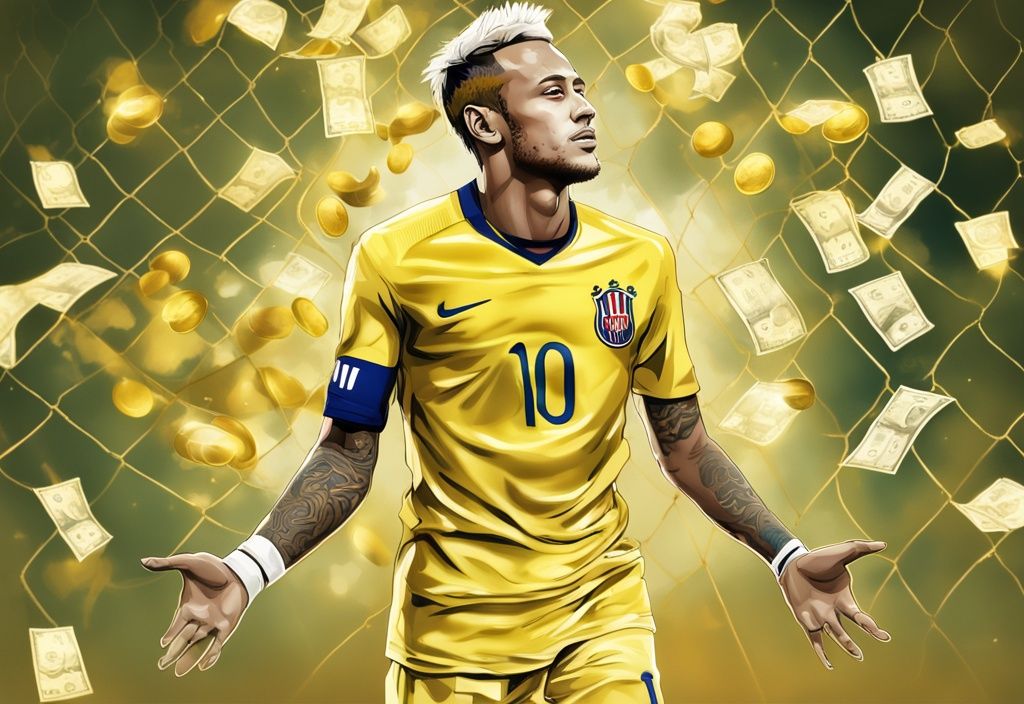 Illustrazione digitale moderna con tema oro, Neymar in tenuta da calcio su un campo, con una grande rete trasparente piena di monete d'oro e banconote sullo sfondo, rappresentando il Patrimonio Neymar.