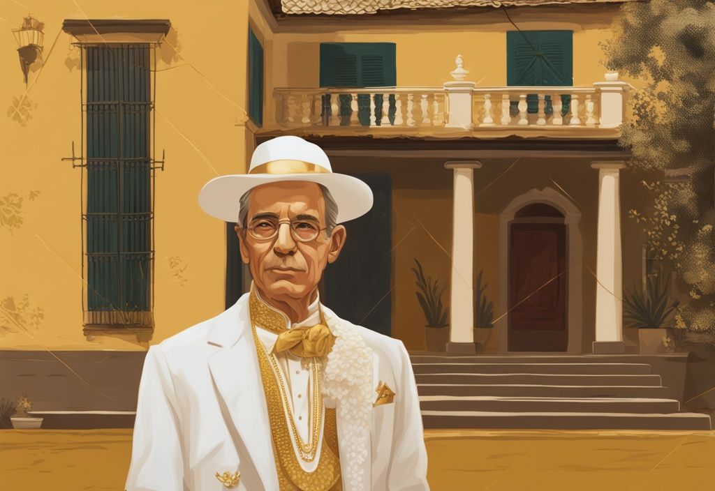 Illustrazione digitale moderna di Pedro Buerbaum davanti a una casa ancestrale, tema colore oro, che simboleggia il suo ricco patrimonio.