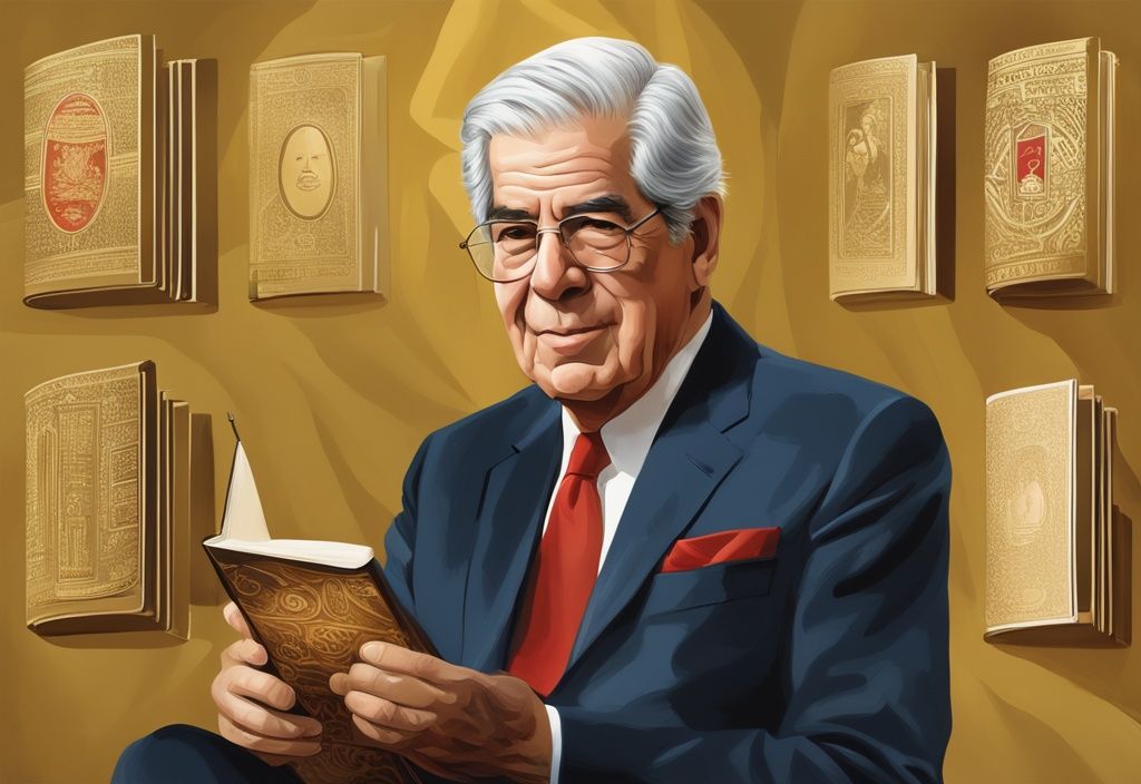 Illustrazione digitale moderna con tema dorato, raffigurante una collezione dei libri più famosi di Mario Vargas Llosa, il suo ritratto e simboli del suo patrimonio peruviano.