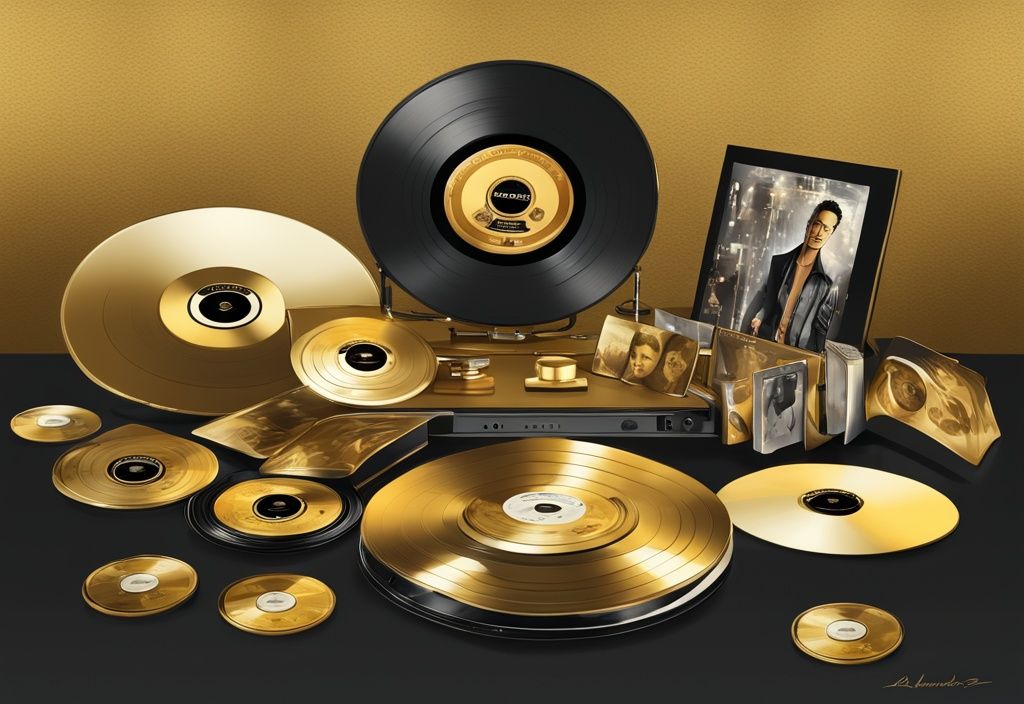 Illustrazione digitale moderna con dischi di platino, premi Grammy e memorabilia di Alejandro Sanz, tema colore oro.