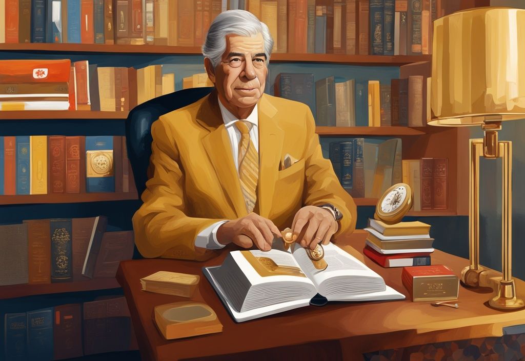 Illustrazione digitale moderna con tema dorato, che mostra una collezione di libri di Mario Vargas Llosa, il suo ritratto e elementi simbolici del suo patrimonio peruviano. Parole chiave: Mario Vargas Llosa patrimonio.