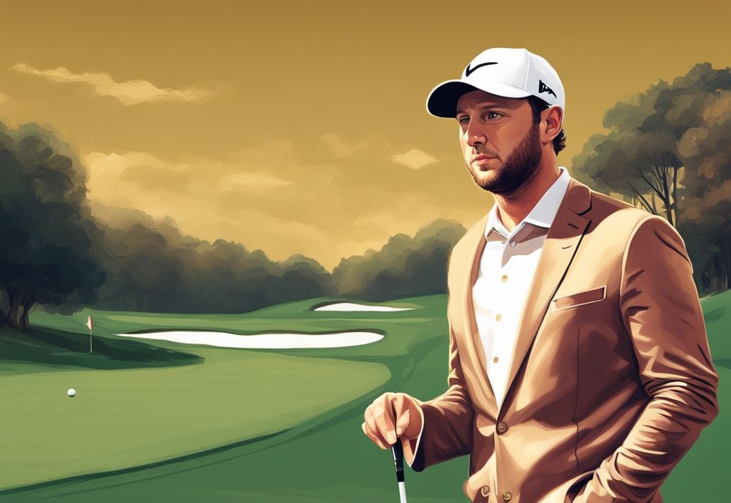 Illustrazione digitale moderna con tema dorato che mostra il golfista professionista Jon Rahm in piedi con sicurezza su un campo da golf, con una rappresentazione visiva del suo patrimonio netto sullo sfondo.