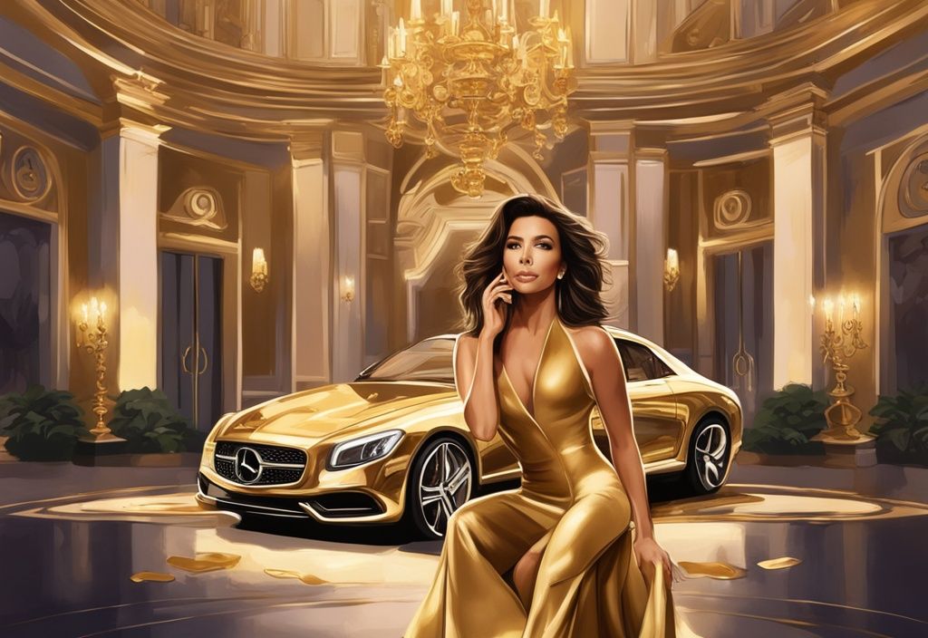 Eva Longoria patrimonio in un'illustrazione digitale moderna con tema dorato, circondata da simboli di ricchezza come auto di lusso, abiti firmati e una grande villa.