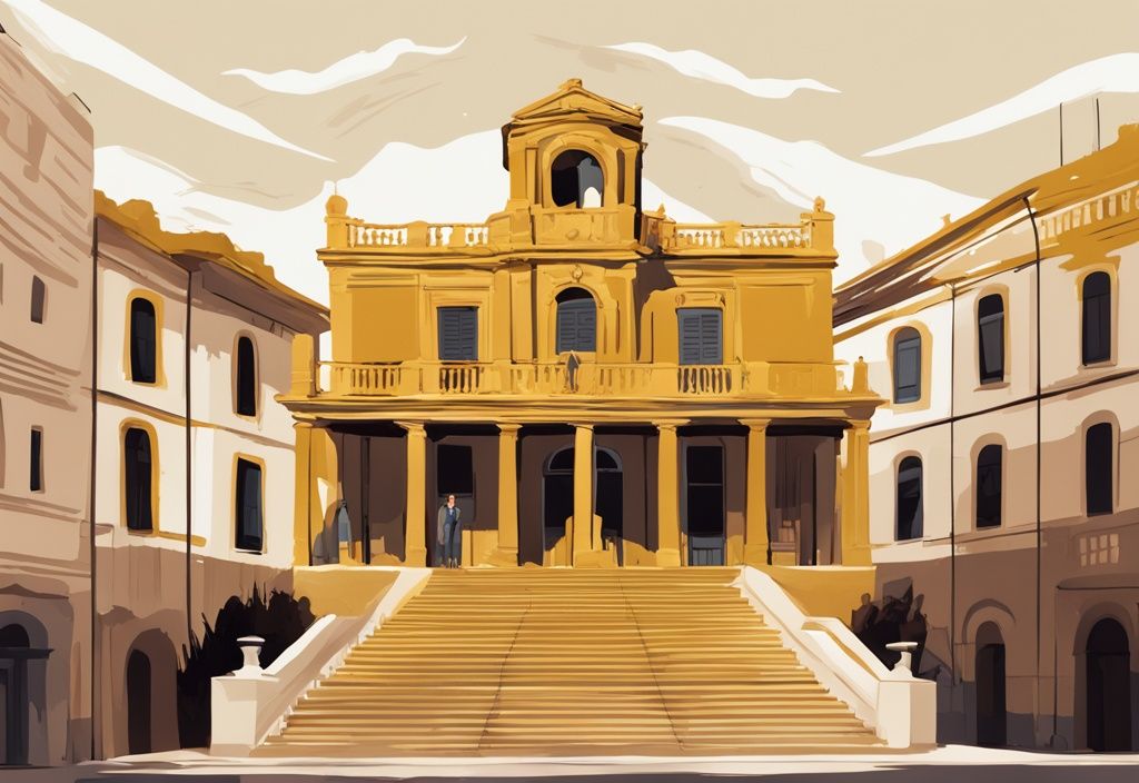 Dolors Montserrat patrimonio, illustrazione digitale moderna in oro davanti a un edificio storico catalano.