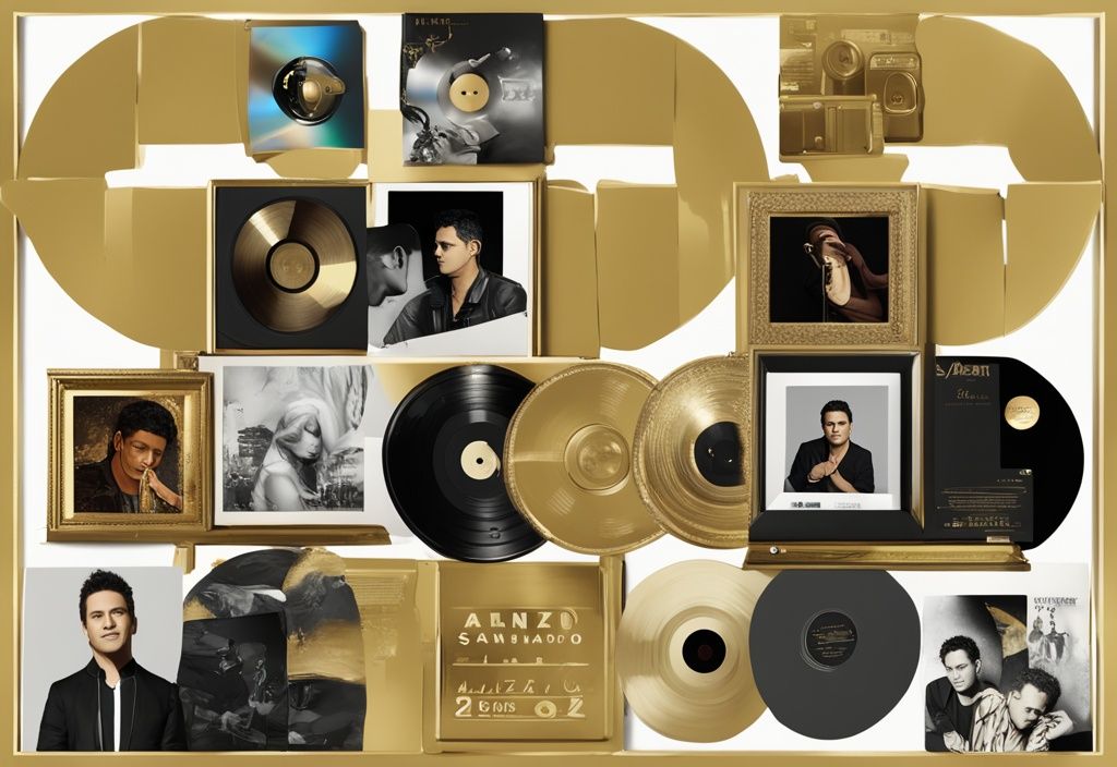 Illustrazione digitale moderna con tema dorato, collage di copertine degli album, premi e foto di famiglia di Alejandro Sanz, rappresentante il Patrimonio Alejandro Sanz.