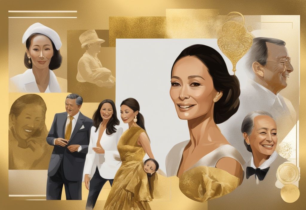 Illustrazione digitale moderna con tema principale dorato, collage di momenti salienti della vita di Isabel Preysler e momenti familiari, che mostra il suo ricco patrimonio.