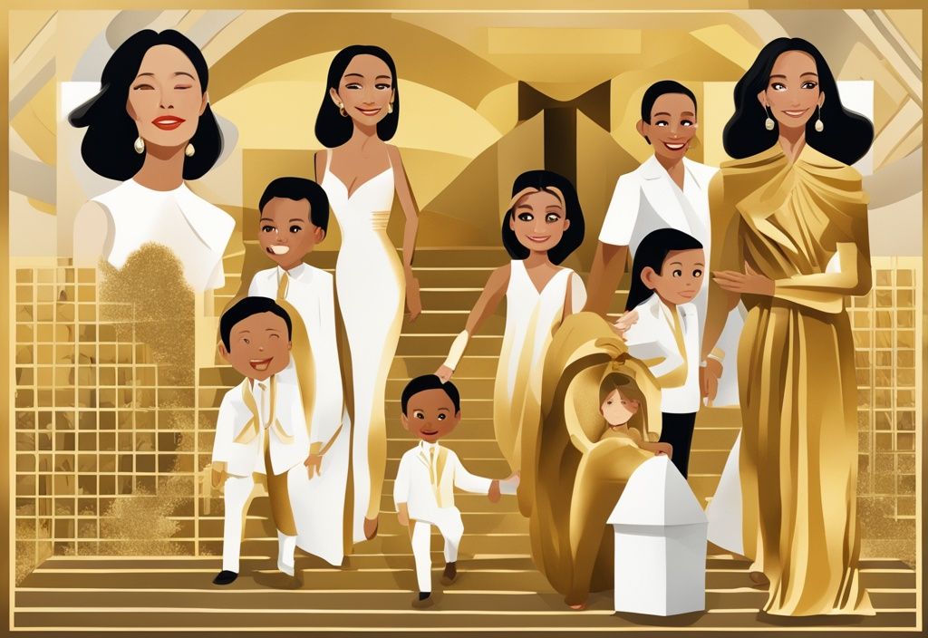 Illustrazione digitale moderna in oro che ritrae il viaggio di vita di Isabel Preysler, con la sua famiglia, relazioni famose e stile di vita lussuoso, simbolizzando il Patrimonio Isabel Preysler.