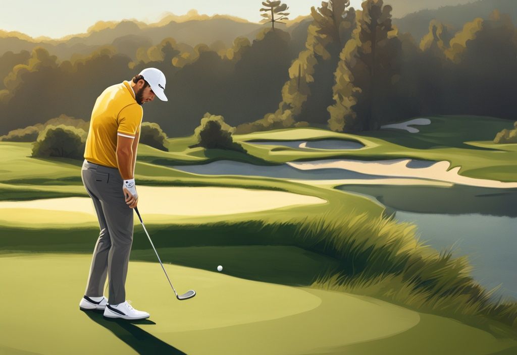 Illustrazione digitale moderna di Jon Rahm su un campo da golf con tema dorato e rappresentazione del suo patrimonio netto.