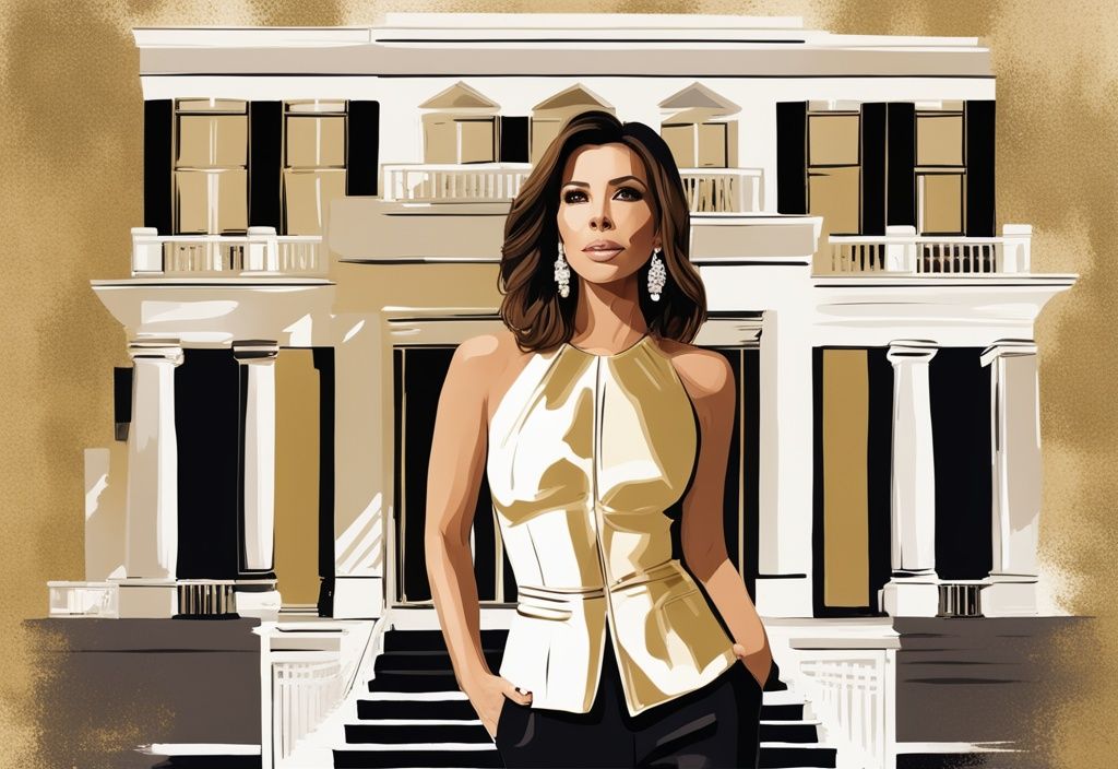 Eva Longoria in abito elegante davanti a una lussuosa villa con grafico a barre che mostra l'aumento del suo patrimonio netto negli anni, illustrazione digitale moderna a tema oro.