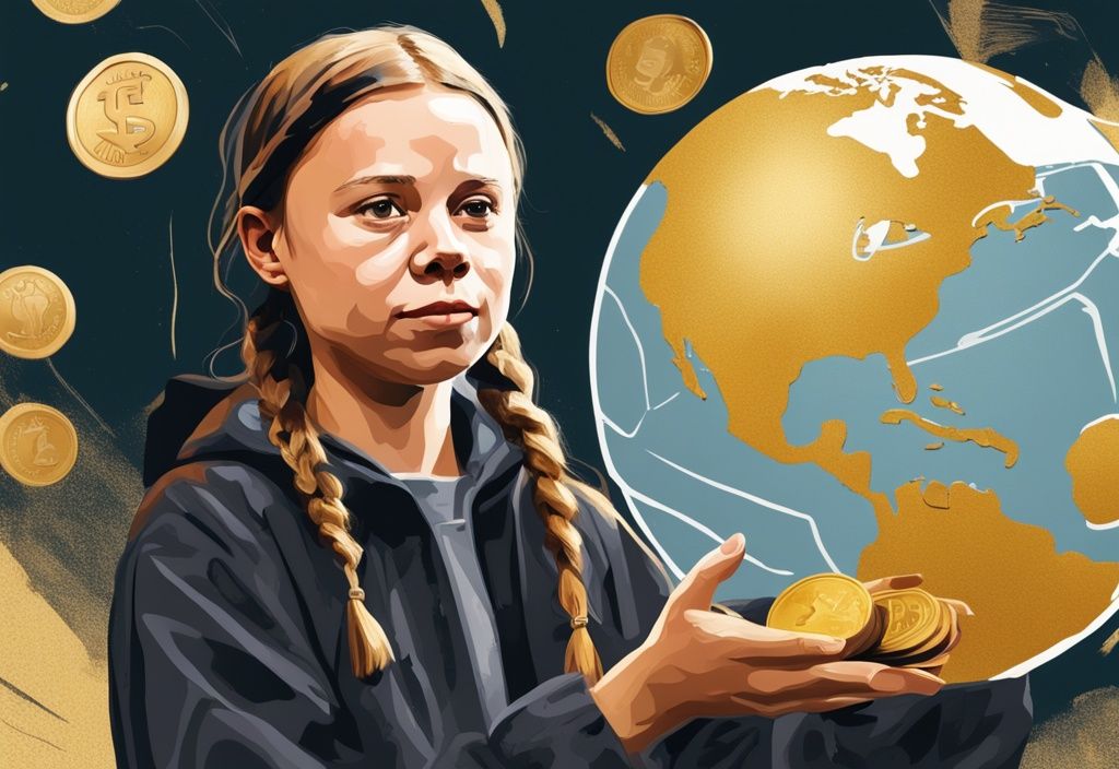 Greta Thunberg patrimonio, illustrazione digitale moderna con Greta Thunberg che tiene un globo, sfondo con elementi finanziari astratti come monete e banconote, tema colore oro.