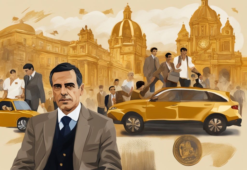 Illustrazione digitale moderna in oro che rappresenta il viaggio di vita di Pedro Sanchez, includendo le sue radici familiari, l'istruzione, la carriera politica e i contributi al patrimonio spagnolo.