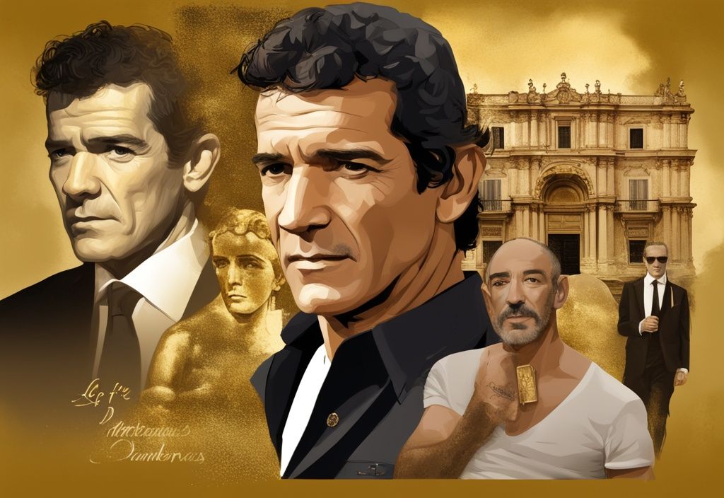 Illustrazione digitale moderna in oro che mostra il Patrimonio de Antonio Banderas con immagini della sua vita, dalla nascita in Spagna ai ruoli iconici nei film e foto di famiglia.