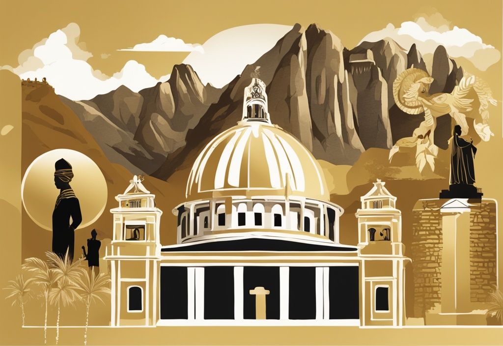 Illustrazione digitale moderna con tema dorato che raffigura punti di riferimento e simboli culturali legati al patrimonio di Dolors Montserrat.