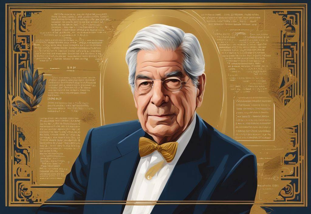 Illustrazione digitale moderna in tema oro con i libri più famosi di Mario Vargas Llosa, il suo ritratto e simboli del patrimonio peruviano.