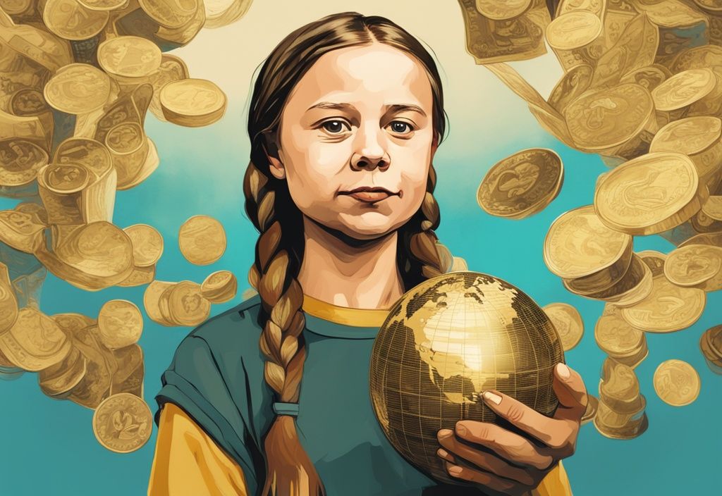 Greta Thunberg patrimonio, illustrazione digitale moderna con tema dorato, Greta Thunberg che tiene un globo con elementi finanziari astratti come monete e banconote sullo sfondo.