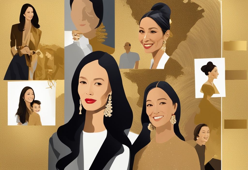 Illustrazione digitale moderna con tema principale dorato, collage dei traguardi di vita e momenti familiari di Isabel Preysler, che mostra il suo ricco patrimonio.