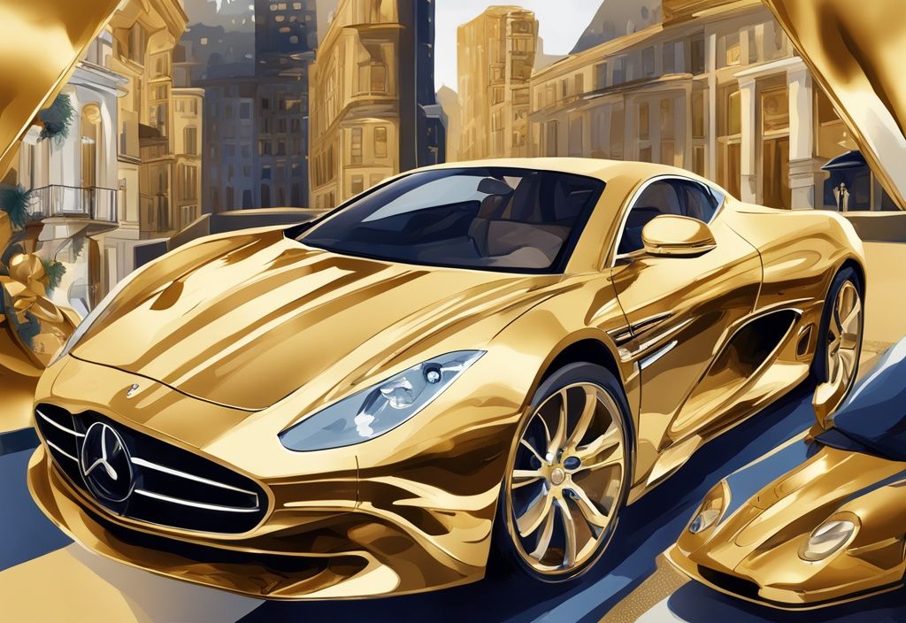 Illustrazione digitale moderna con tema oro, collage di proprietà di lusso, automobili esclusive e accessori di alta moda associati a Javier Tebas.