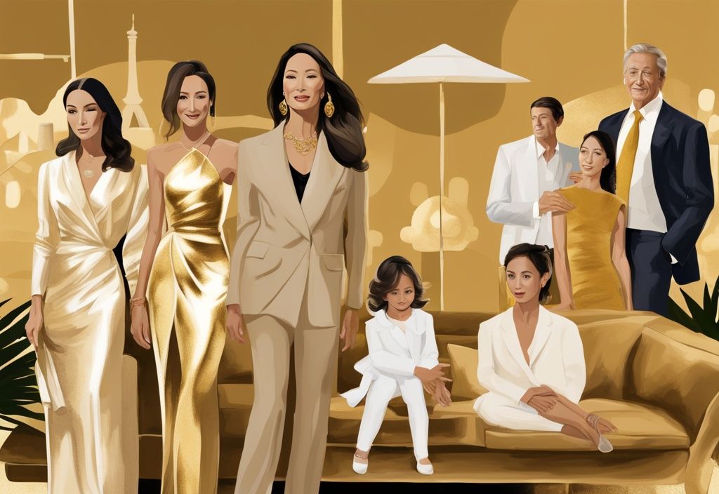 Illustrazione digitale moderna che rappresenta il viaggio di vita di Isabel Preysler, inclusi la sua famiglia, le relazioni famose e il suo stile di vita lussuoso, simbolo del ricco patrimonio Isabel Preysler, con tema principale colore oro.