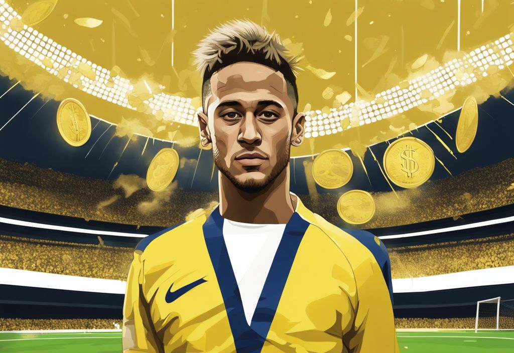 Illustrazione digitale moderna con Neymar in abbigliamento da calcio su un campo di calcio, con una grande rete trasparente piena di monete d'oro e banconote sullo sfondo, tema principale colore oro, Patrimonio Neymar.