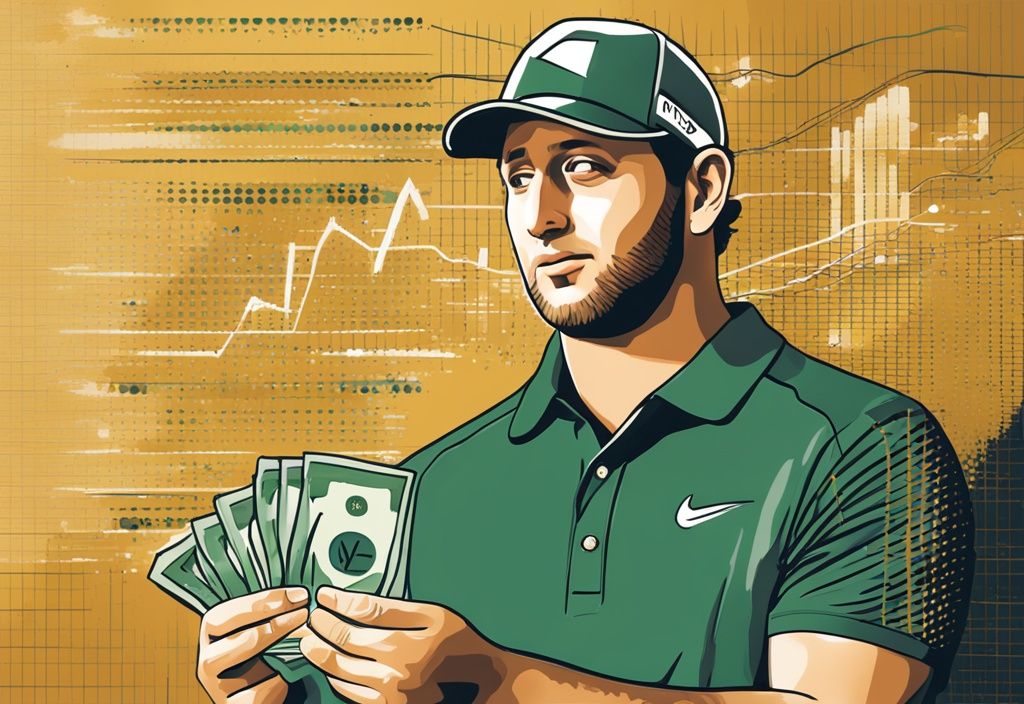 Illustrazione digitale moderna con tema dorato che mostra il golfista professionista Jon Rahm e una rappresentazione visiva del suo patrimonio netto, come un grafico a barre o una pila di soldi. Jon Rahm patrimonio.