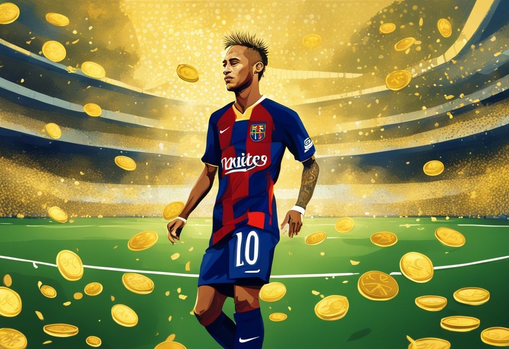 Illustrazione digitale moderna di Neymar su un campo da calcio con una rete piena di monete d'oro e banconote.