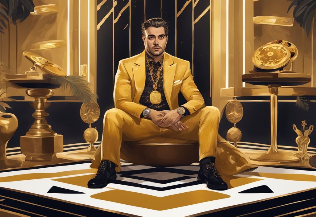 Illustrazione digitale moderna di Jake La Furia in un ambiente lussuoso, circondato da simboli di ricchezza come auto costose, abiti firmati e dischi d'oro, con tema cromatico principale dorato.