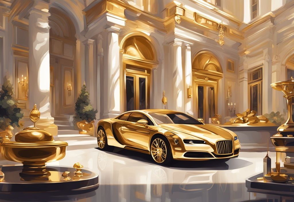 Illustrazione digitale moderna con tema dorato che raffigura beni di lusso come auto di alta gamma, una grande villa e gioielli costosi, simbolo della ricchezza e degli asset accumulati da Felice Maniero.