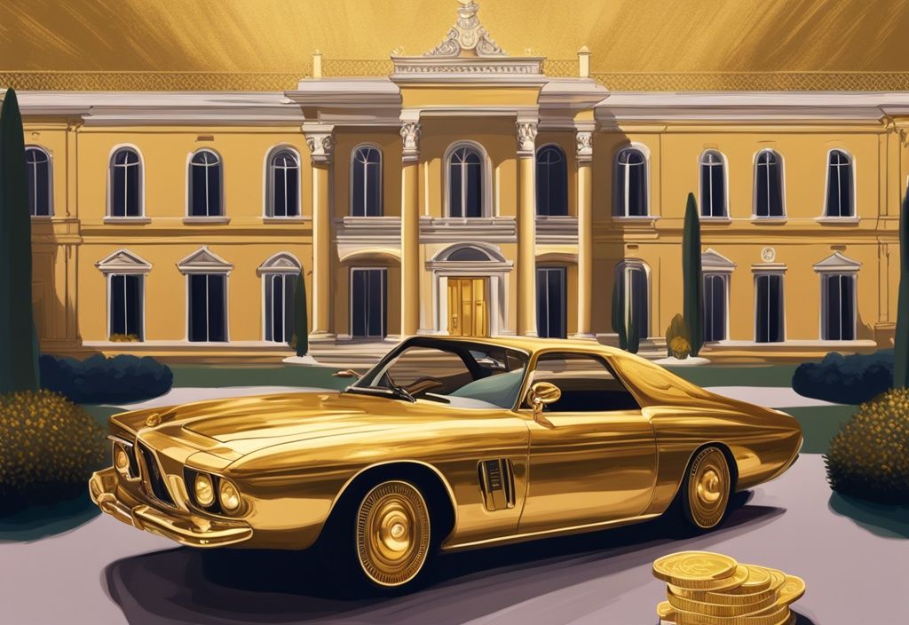 Illustrazione digitale moderna con tema dorato, raffigurante una lussuosa villa italiana, auto di lusso e pile di denaro, simboli del patrimonio di Felice Maniero.