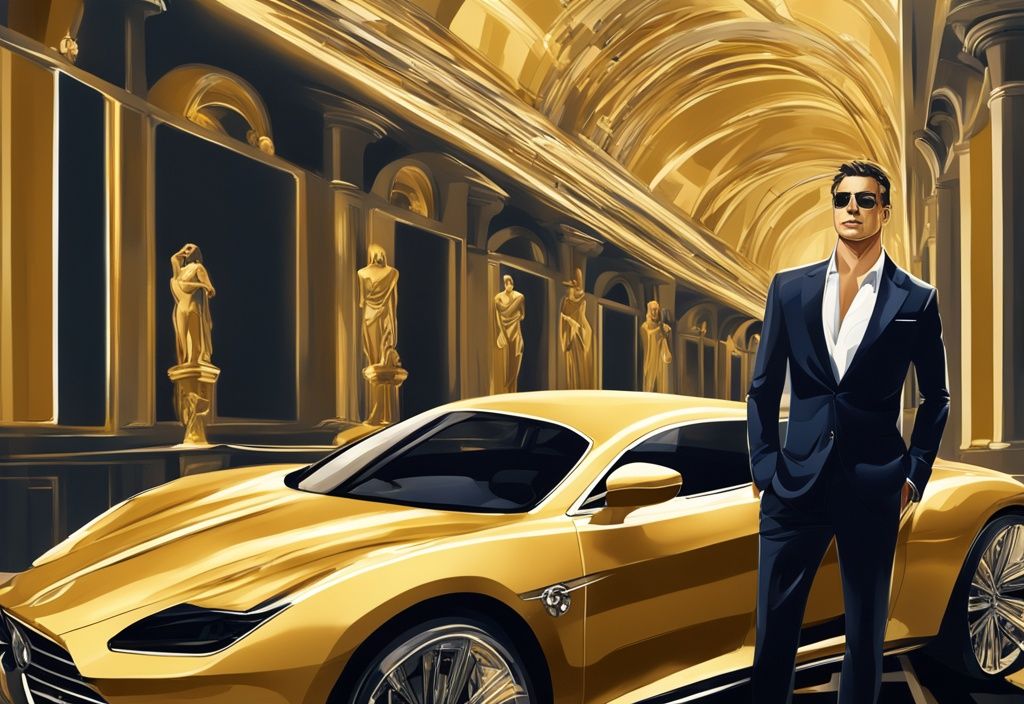 Illustrazione digitale moderna di Guido Maria Brera in un ambiente sofisticato, circondato da simboli di ricchezza e prosperità come auto di lusso, immobili di alto livello e grafici di borsa, con tema principale in oro.